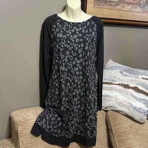 LOFT Black and Gray Leopard Patterned Long Sleeve Dress with solid sleeves & hem